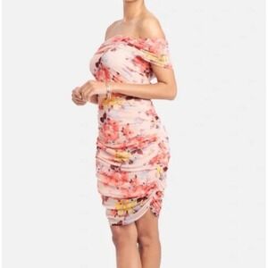 NWT bebe Women's Y2K Off Shoulder Mesh Ruched Floral Bodycon Dress Size Small